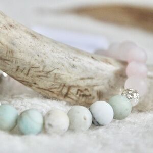 Frosted Rose Quartz Amazonite Gemstone Silver Lava Bead Mala Chakra Balancing En